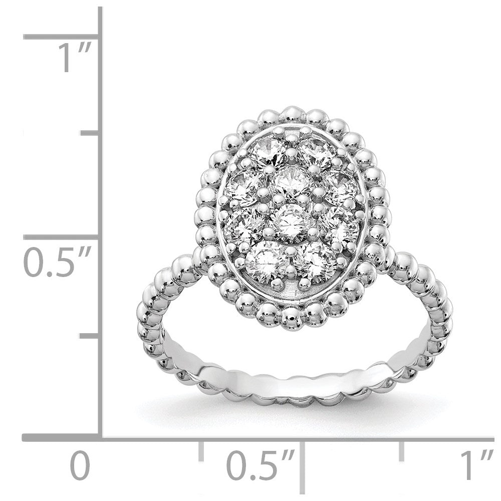 Sterling Silver Shimmer Rhodium Plated 10 Stone Cz Oval Beaded Ring