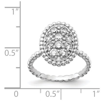 Sterling Silver Shimmer Rhodium Plated 10 Stone Cz Oval Beaded Ring