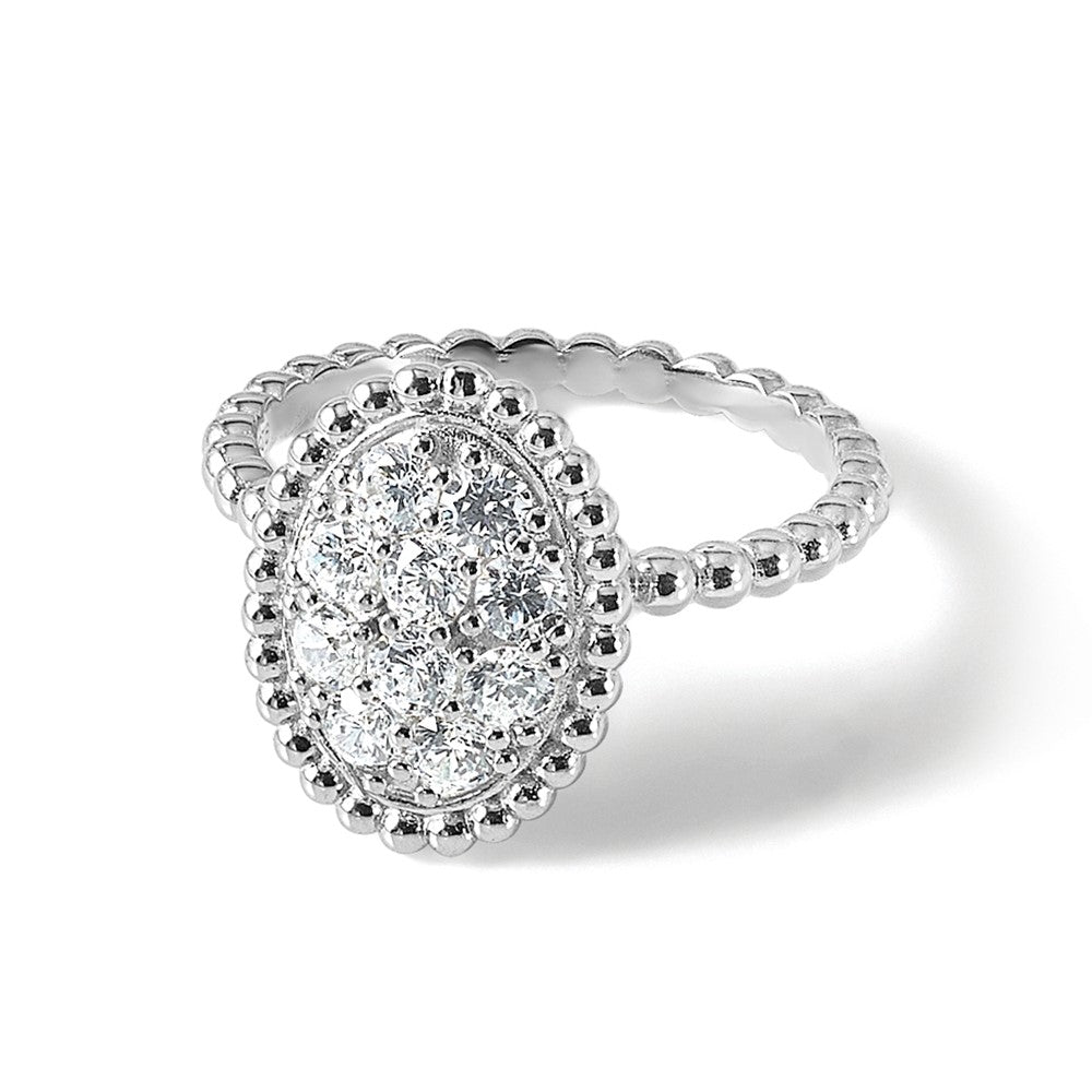 Sterling Silver Shimmer Rhodium Plated 10 Stone Cz Oval Beaded Ring