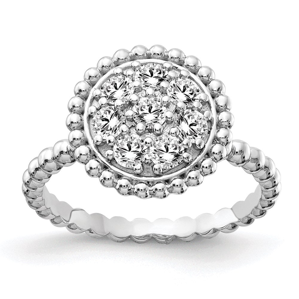 Sterling Silver Shimmer Rhodium Plated 8 Stone Cz Round Beaded Ring