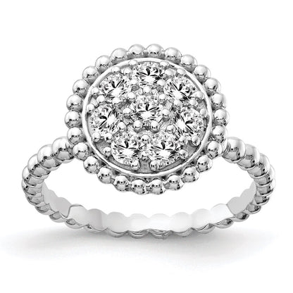 Sterling Silver Shimmer Rhodium Plated 8 Stone Cz Round Beaded Ring