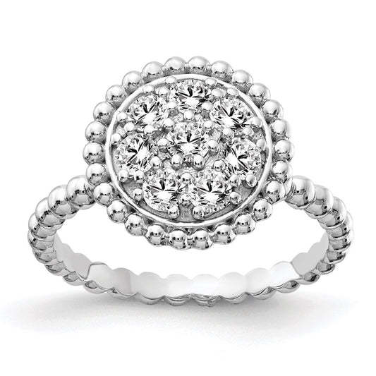 Sterling Silver Shimmer Rhodium Plated 8 Stone Cz Round Beaded Ring