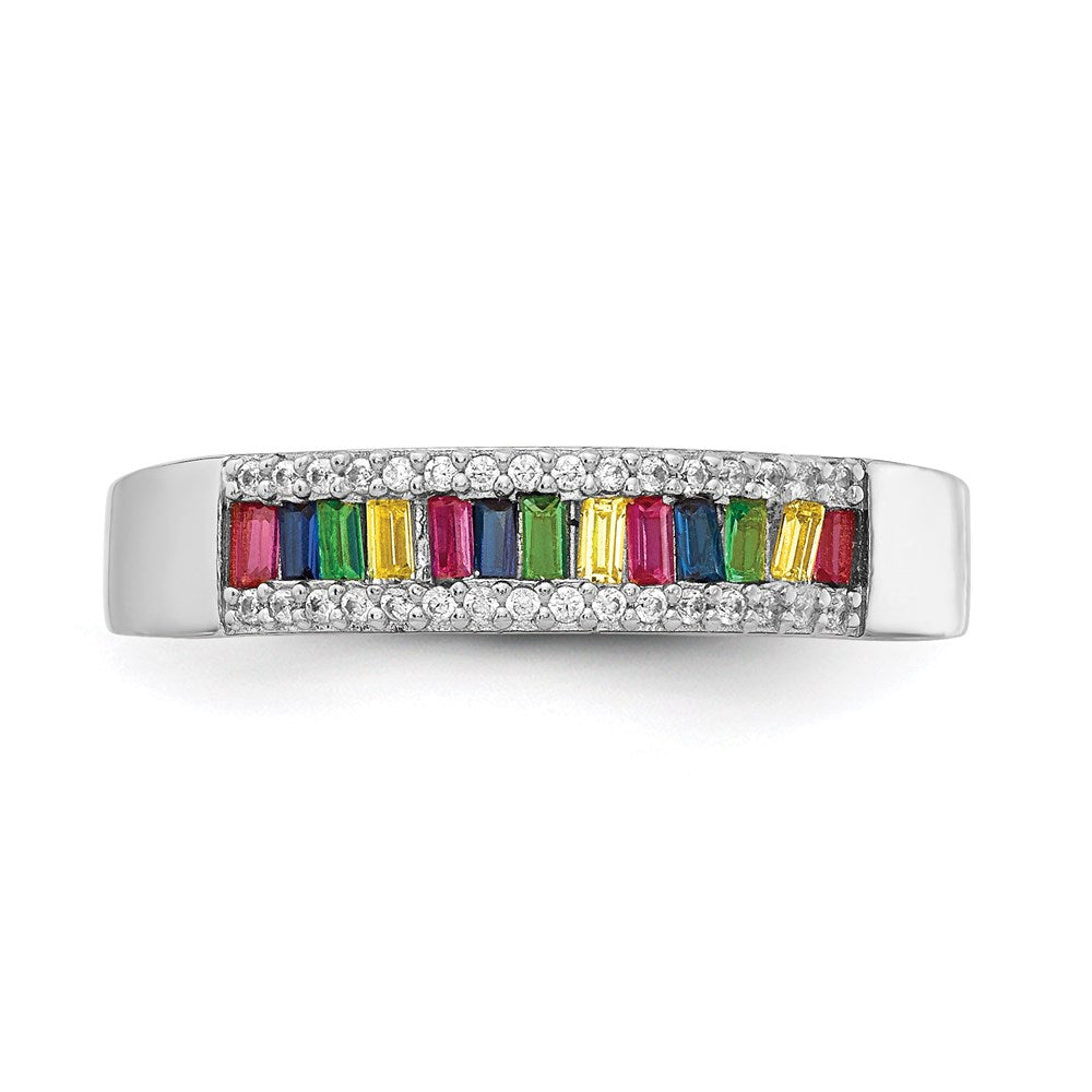 Sterling Silver Prizma Rhodium Plated Colorful Baguette And White Cz Ring