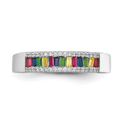 Sterling Silver Prizma Rhodium Plated Colorful Baguette And White Cz Ring