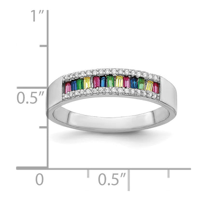Sterling Silver Prizma Rhodium Plated Colorful Baguette And White Cz Ring