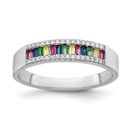 Sterling Silver Prizma Rhodium Plated Colorful Baguette And White Cz Ring