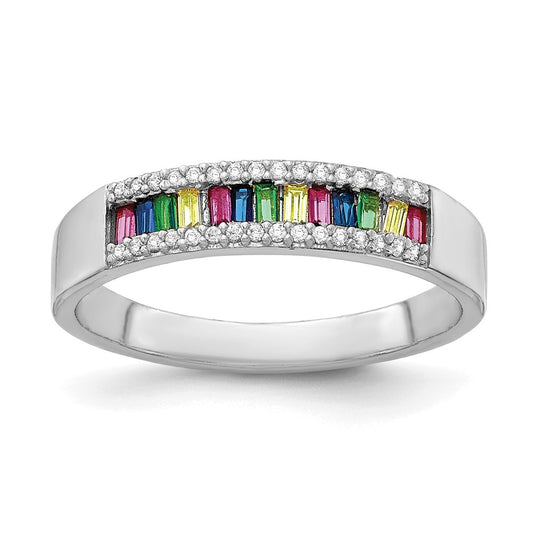 Sterling Silver Prizma Rhodium Plated Colorful Baguette And White Cz Ring