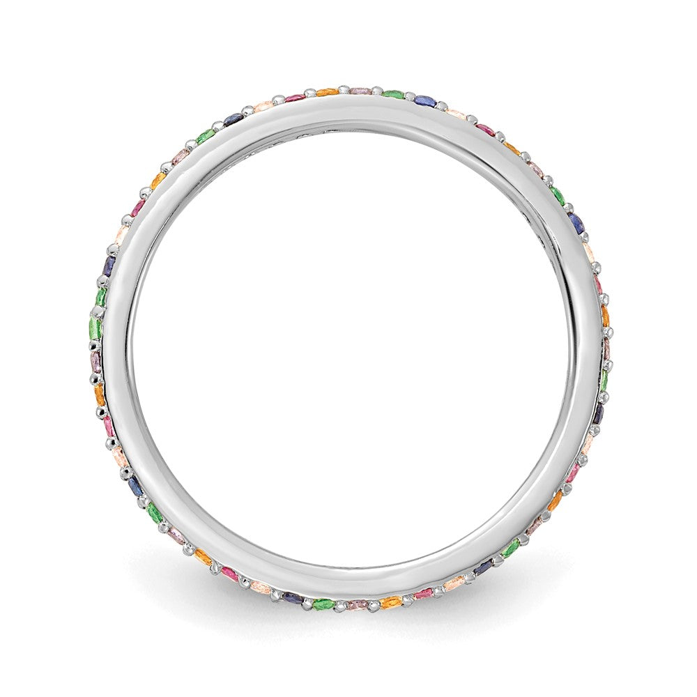 Sterling Silver Prizma Rhodium Plated Colorful Cz Thin Band Ring