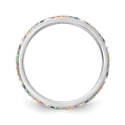 Sterling Silver Prizma Rhodium Plated Colorful Cz Thin Band Ring