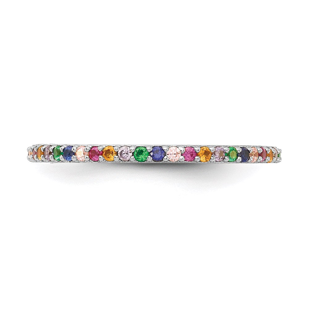 Sterling Silver Prizma Rhodium Plated Colorful Cz Thin Band Ring