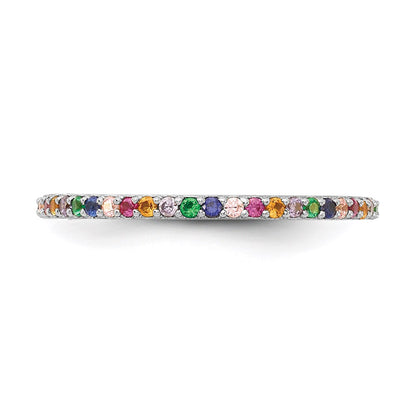 Sterling Silver Prizma Rhodium Plated Colorful Cz Thin Band Ring
