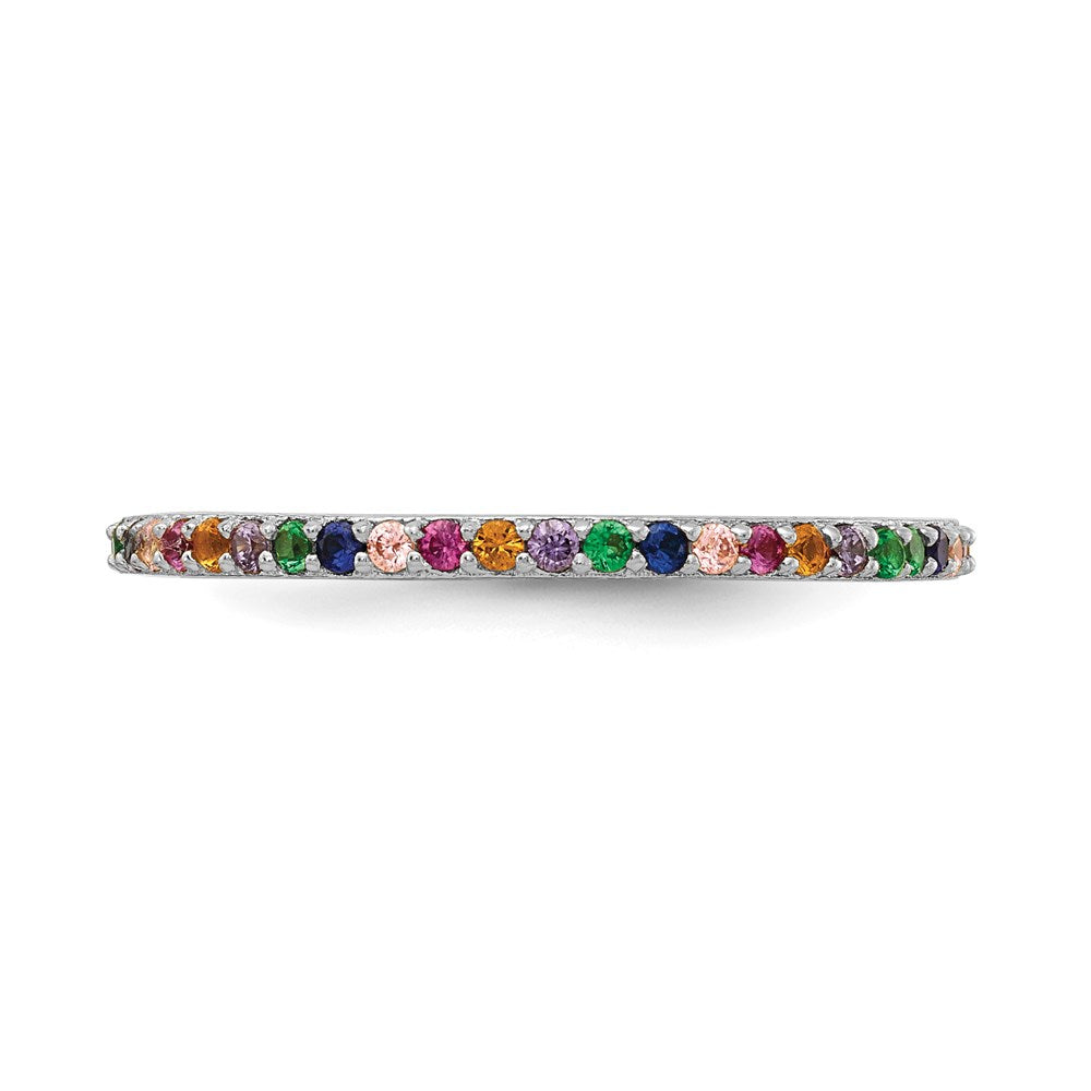 Sterling Silver Prizma Rhodium Plated Colorful Cz Thin Band Ring