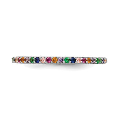 Sterling Silver Prizma Rhodium Plated Colorful Cz Thin Band Ring