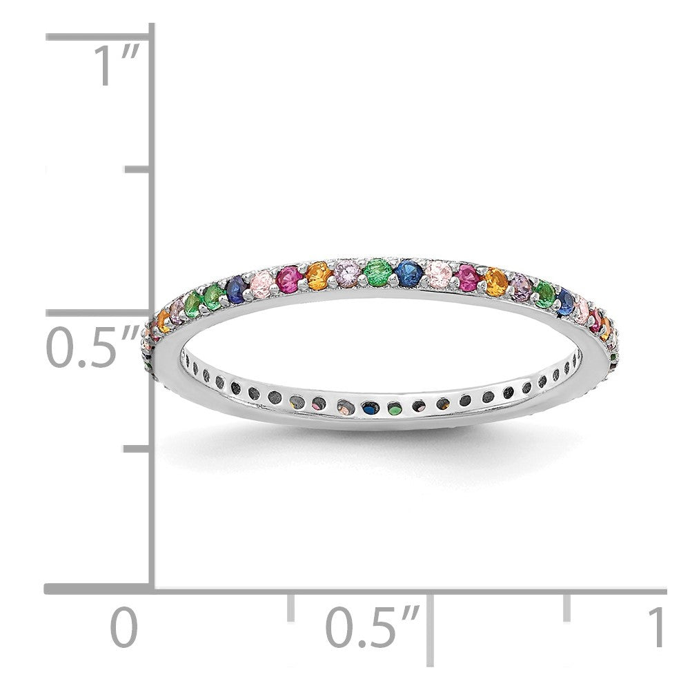 Sterling Silver Prizma Rhodium Plated Colorful Cz Thin Band Ring