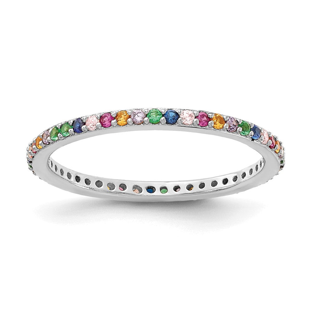 Sterling Silver Prizma Rhodium Plated Colorful Cz Thin Band Ring