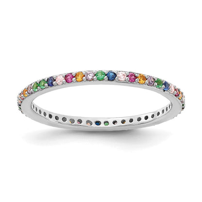 Sterling Silver Prizma Rhodium Plated Colorful Cz Thin Band Ring