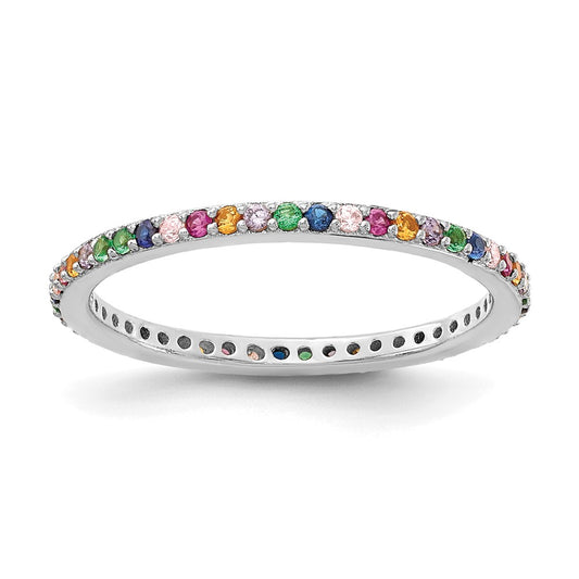 Sterling Silver Prizma Rhodium Plated Colorful Cz Thin Band Ring
