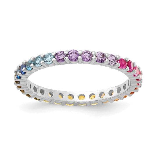 Sterling Silver Prizma Rhodium Plated Colorful Cz Eternity Band Ring