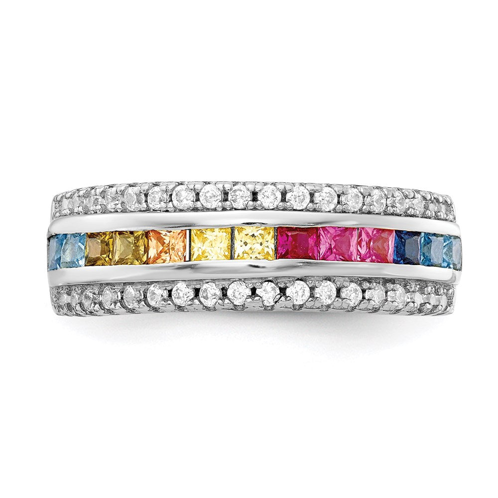 Sterling Silver Prizma Rhodium Plated Channel Set Colorful And White Cz Ring