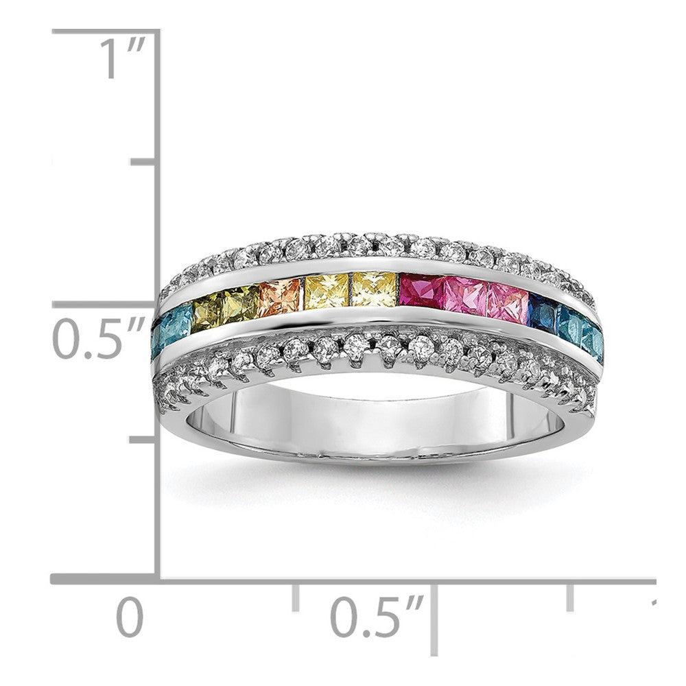 Sterling Silver Prizma Rhodium Plated Channel Set Colorful And White Cz Ring