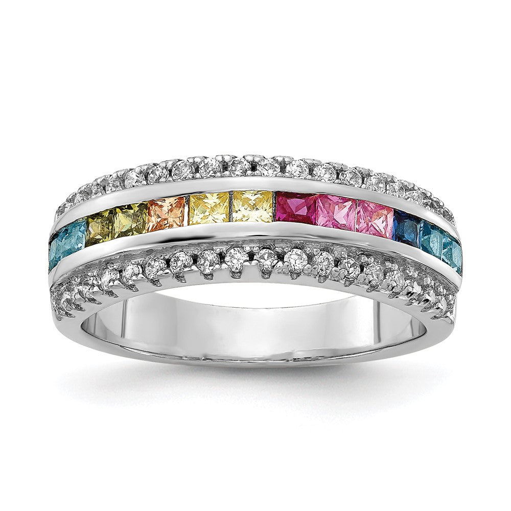 Sterling Silver Prizma Rhodium Plated Channel Set Colorful And White Cz Ring