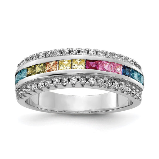 Sterling Silver Prizma Rhodium Plated Channel Set Colorful And White Cz Ring