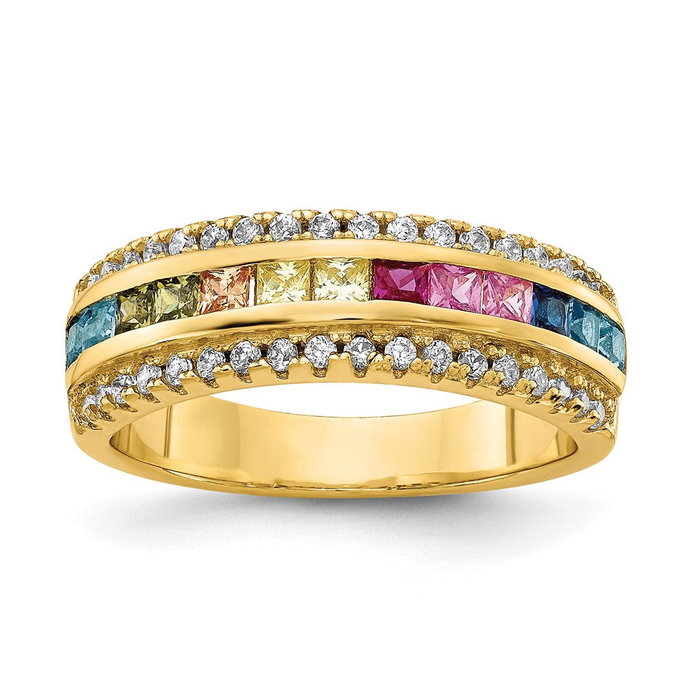 Sterling Silver Prizma Gold Tone 14K Flash Plated Channel Set Colorful And White Cz Ring