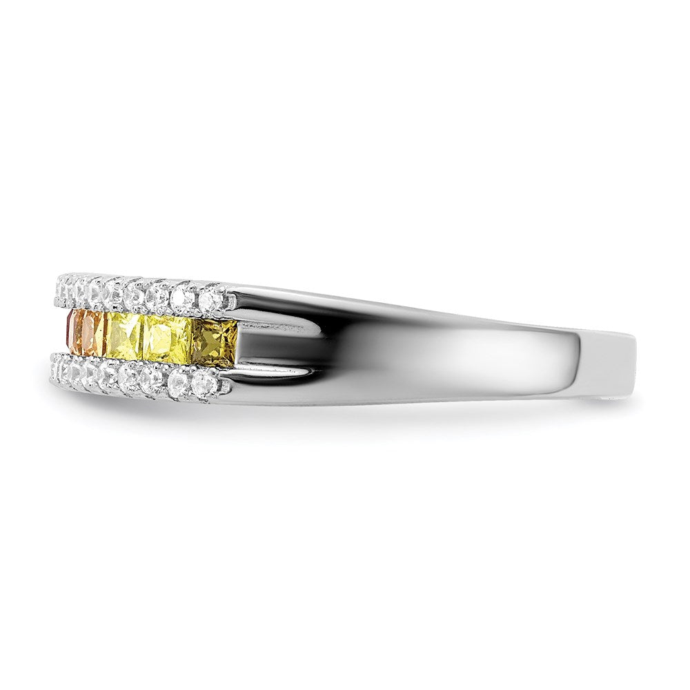 Sterling Silver Prizma Rhodium Plated Princess White And Colorful Channel Set Cz Ring