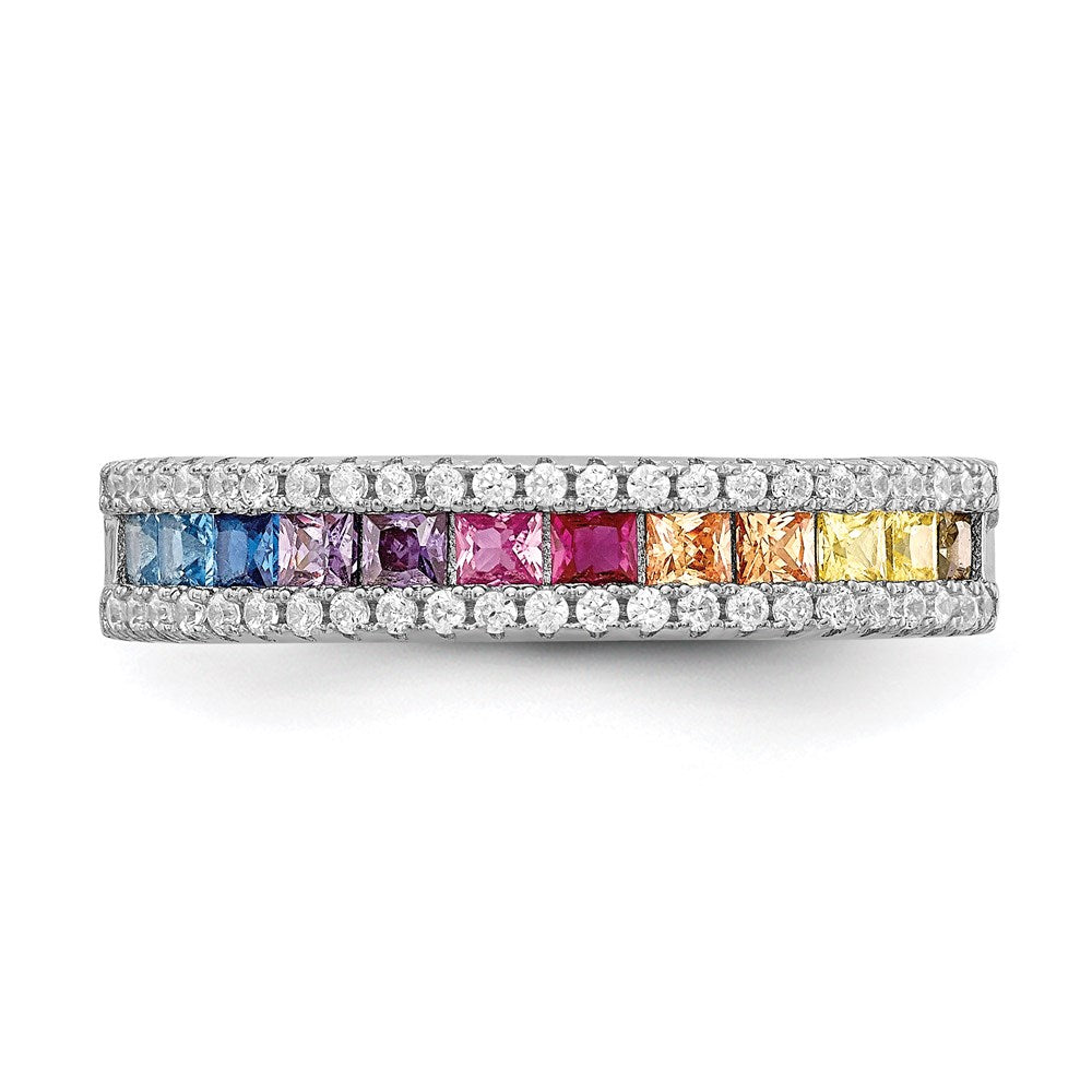 Sterling Silver Prizma Rhodium Plated Princess White And Colorful Channel Set Cz Ring