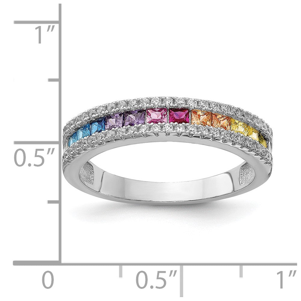 Sterling Silver Prizma Rhodium Plated Princess White And Colorful Channel Set Cz Ring