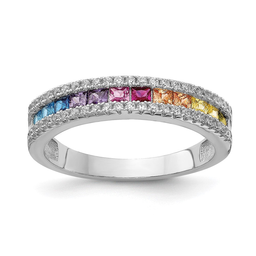 Sterling Silver Prizma Rhodium Plated Princess White And Colorful Channel Set Cz Ring