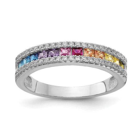 Sterling Silver Prizma Rhodium Plated Princess White And Colorful Channel Set Cz Ring