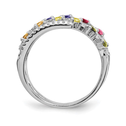 Sterling Silver Prizma Rhodium Plated White And Colorful Double Row Marquise Cz Ring