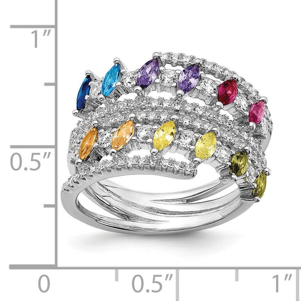 Sterling Silver Prizma Rhodium Plated White And Colorful Double Row Marquise Cz Ring