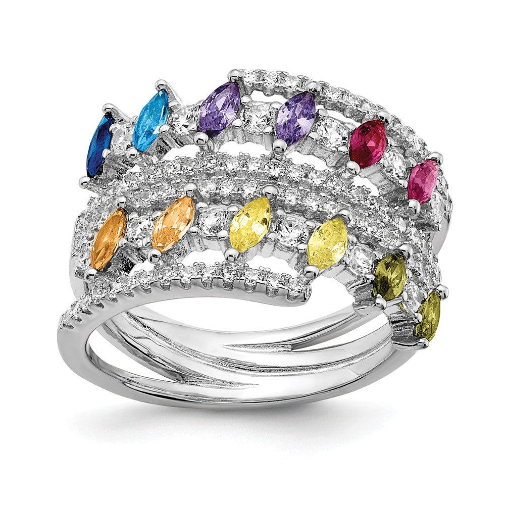 Sterling Silver Prizma Rhodium Plated White And Colorful Double Row Marquise Cz Ring