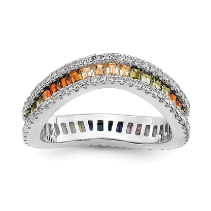 Sterling Silver Prizma Rhodium Plated White And Colorful Channel Set Cz Ring