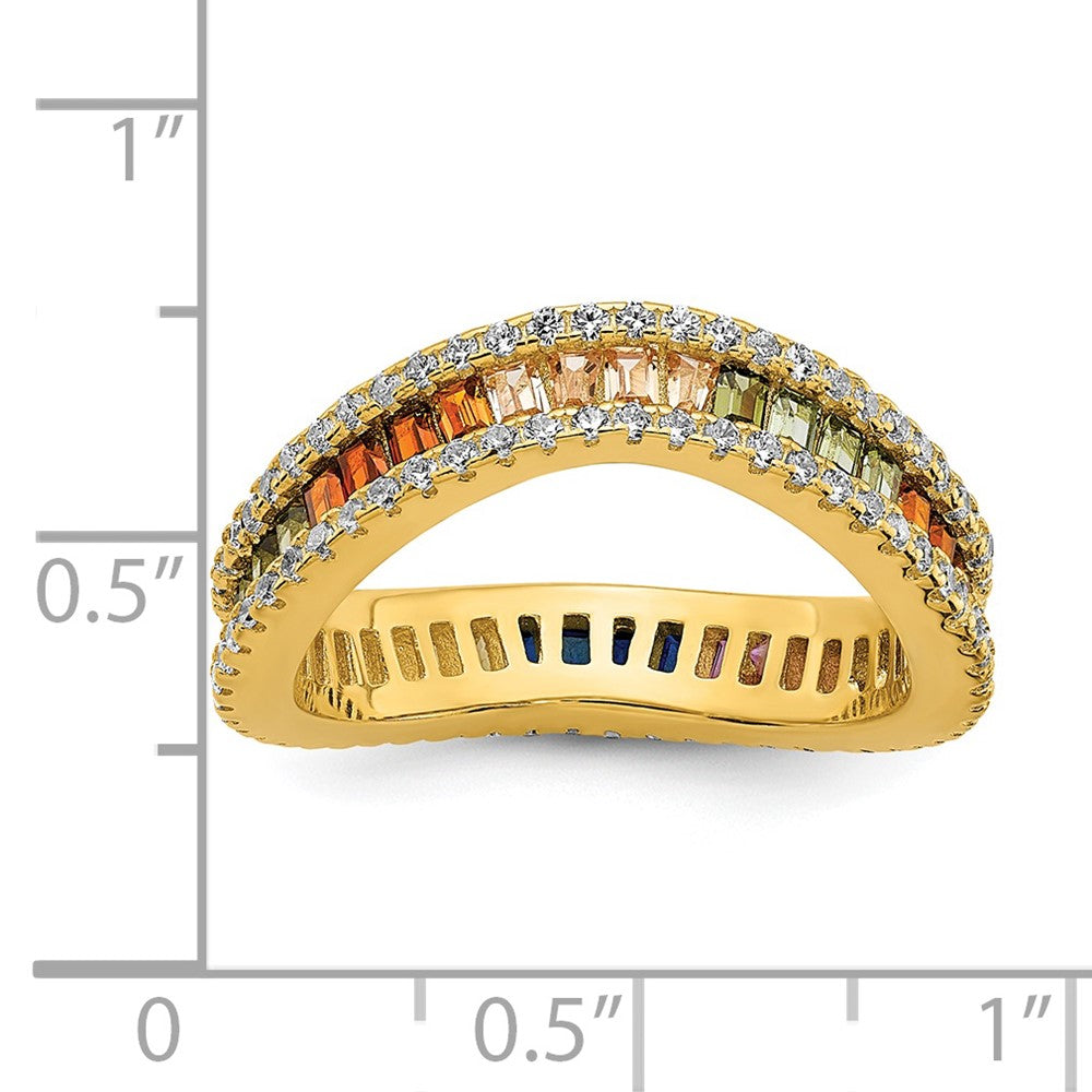 Sterling Silver Prizma Gold Tone 14K Flash Plated White And Colorful Channel Set Cz Ring