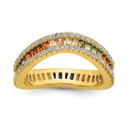 Sterling Silver Prizma Gold Tone 14K Flash Plated White And Colorful Channel Set Cz Ring