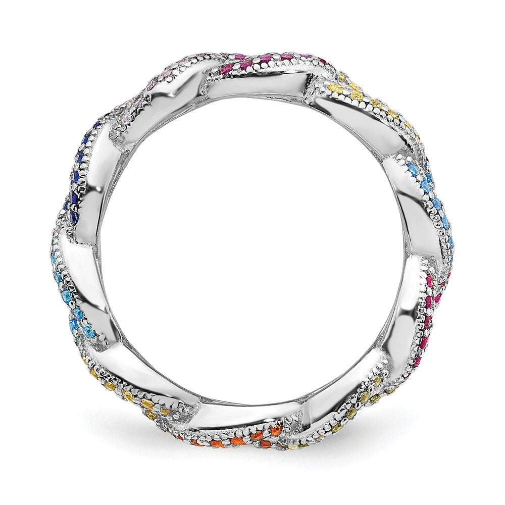 Sterling Silver Prizma Rhodium Plated Colorful Cz Cuban Link Ring