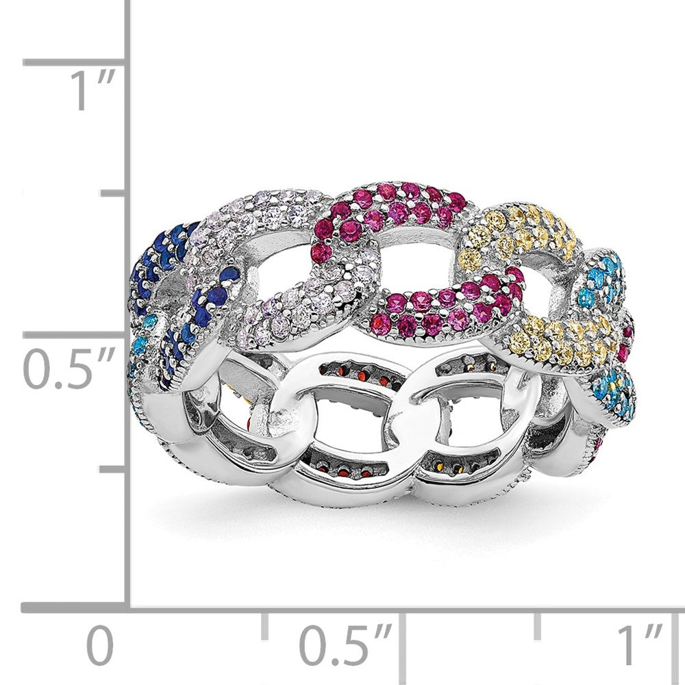 Sterling Silver Prizma Rhodium Plated Colorful Cz Cuban Link Ring