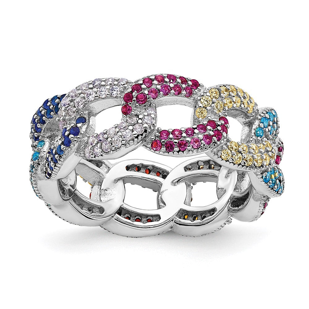 Sterling Silver Prizma Rhodium Plated Colorful Cz Cuban Link Ring