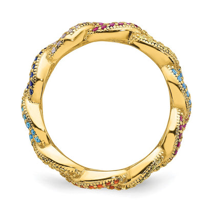 Sterling Silver Prizma Gold Tone 14K Flash Plated Colorful Cz Cuban Link Ring