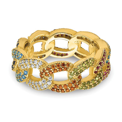 Sterling Silver Prizma Gold Tone 14K Flash Plated Colorful Cz Cuban Link Ring
