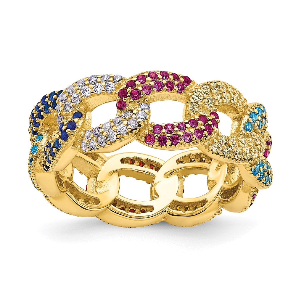Sterling Silver Prizma Gold Tone 14K Flash Plated Colorful Cz Cuban Link Ring