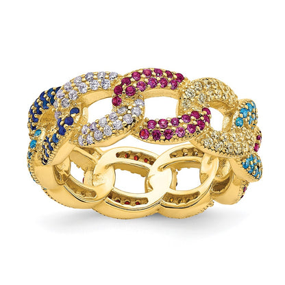 Sterling Silver Prizma Gold Tone 14K Flash Plated Colorful Cz Cuban Link Ring