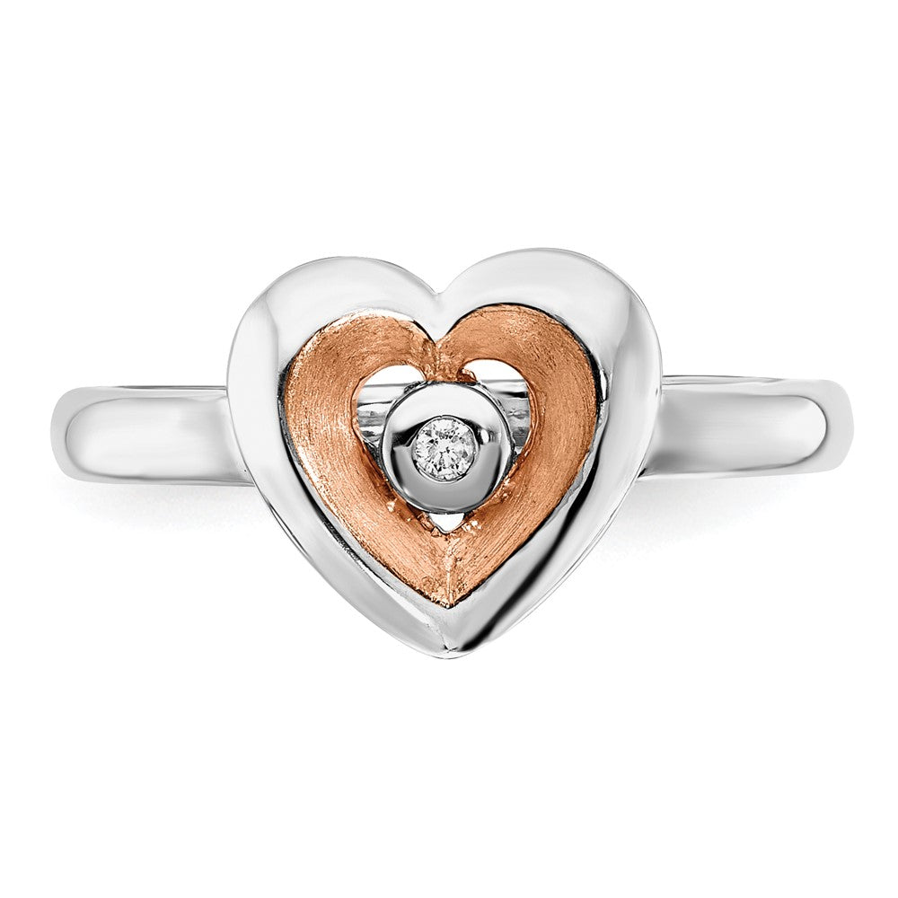 Rose Plated Sterling Silver Rh Gold Polished Satin Diamond Heart Rin