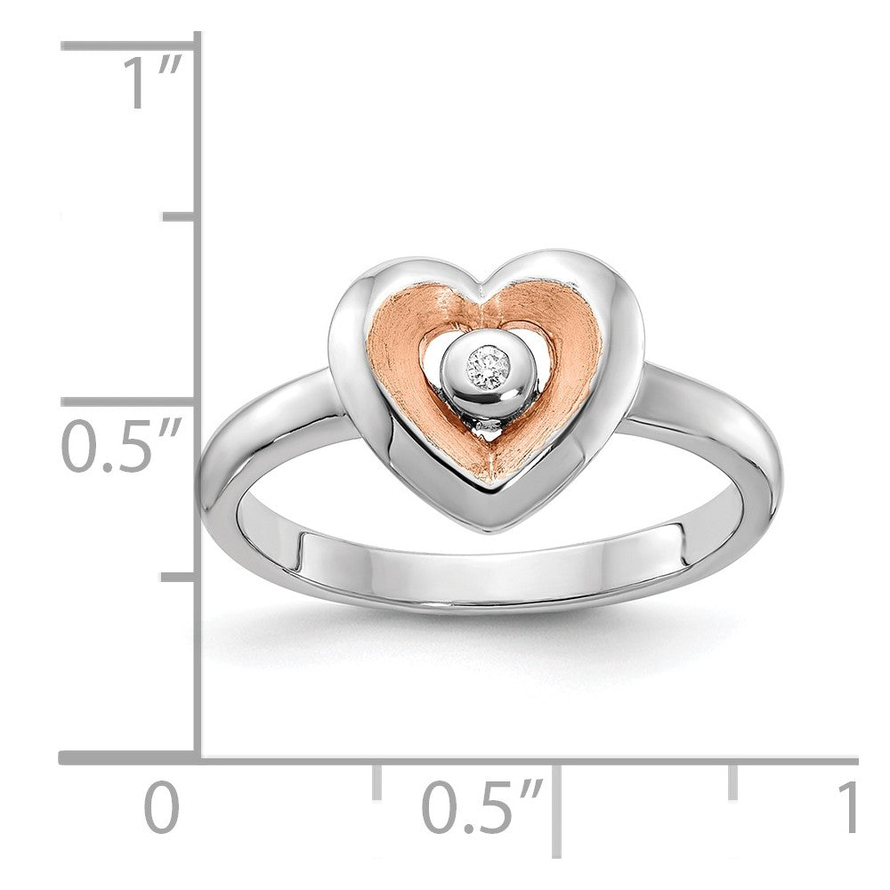 Rose Plated Sterling Silver Rh Gold Polished Satin Diamond Heart Rin
