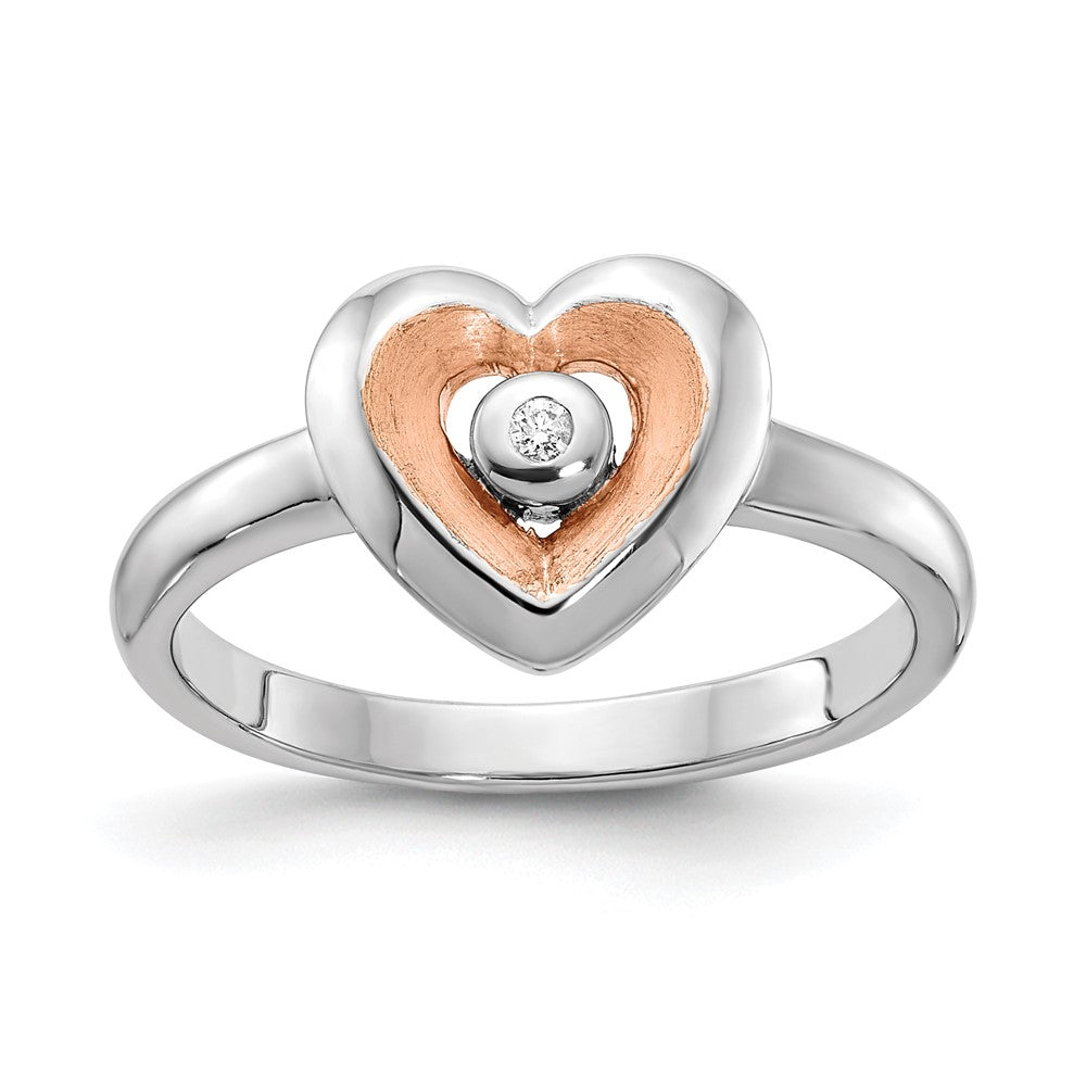 Rose Plated Sterling Silver Rh Gold Polished Satin Diamond Heart Rin