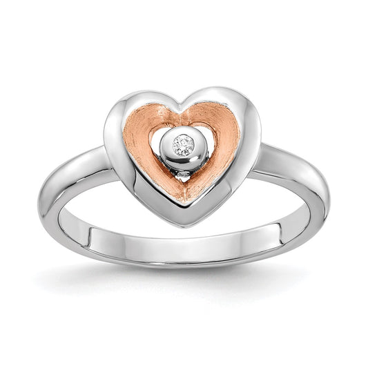 Rose Plated Sterling Silver Rh Gold Polished Satin Diamond Heart Rin