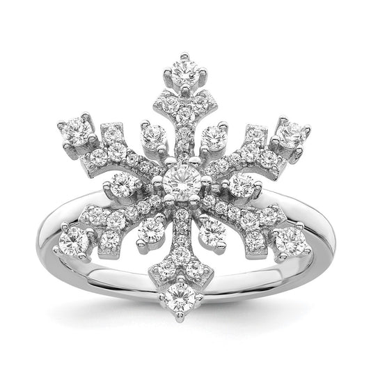Sterling Silver Rhodium Plated Cz Snowflake Ring